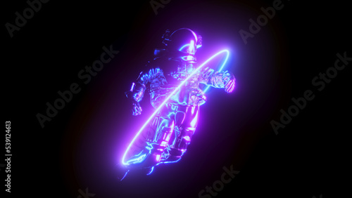 3d rendered illustration of a floating astronaut within a glowing neon ring