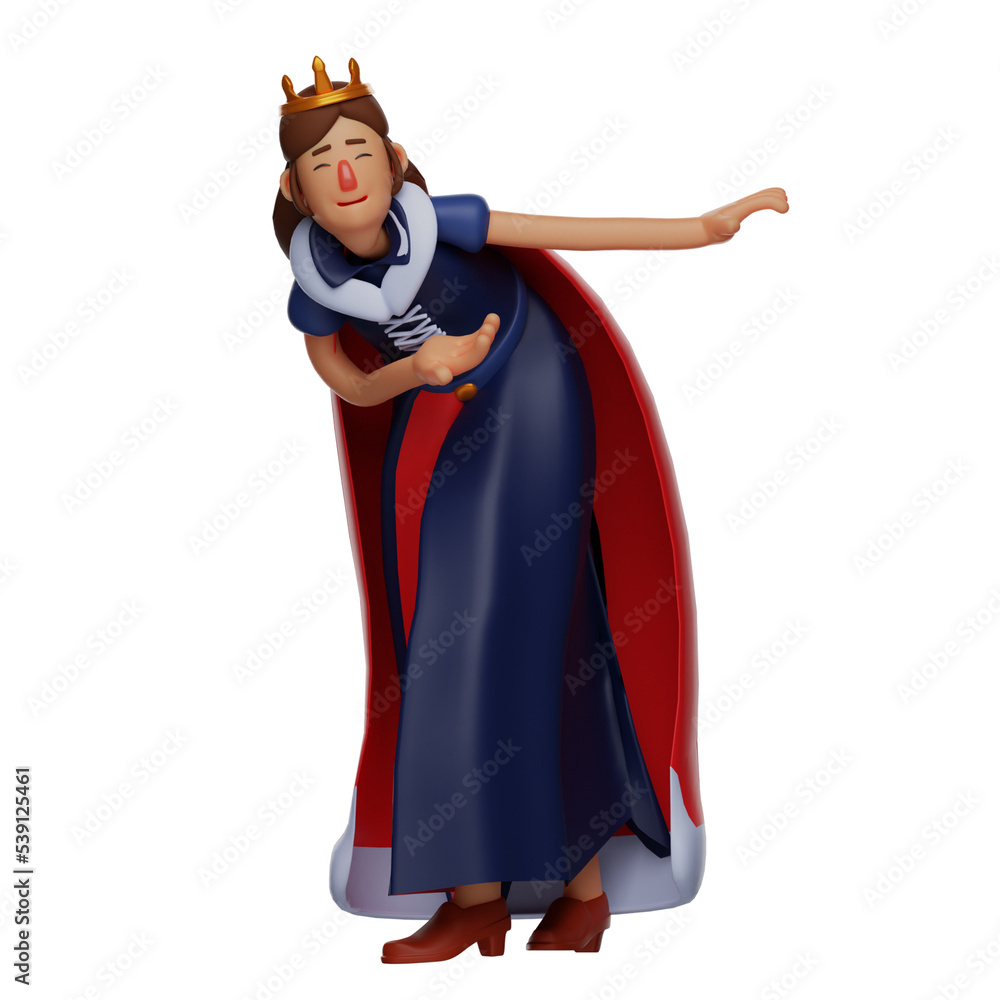 3D illustration. 3D Queen Charming cartoon character with bowed pose. showing a cute smile. wearing a red robe on the shoulders. 3D Cartoon Character