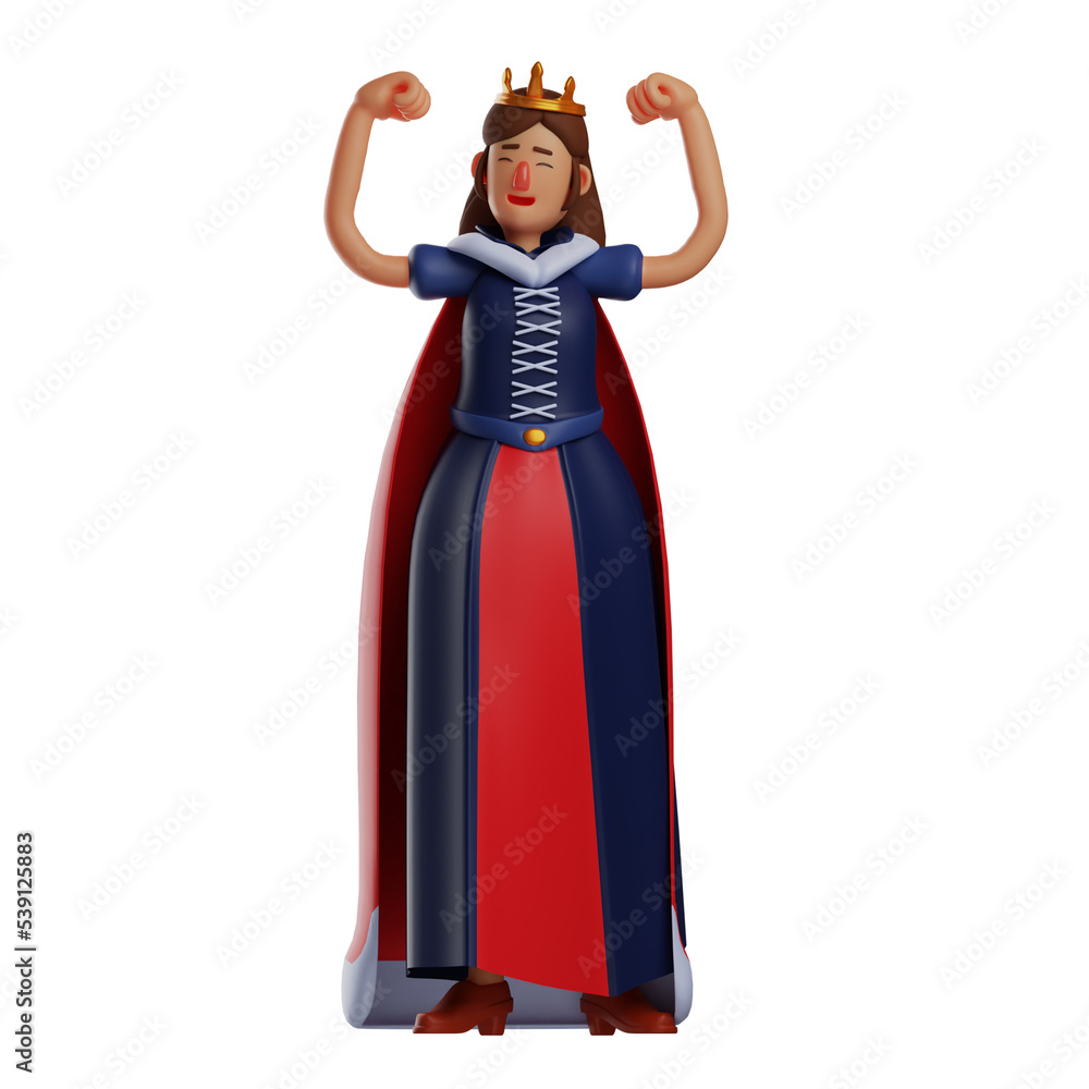   3D  illustration. Cute Cartoon Queen 3D Character showing her muscular arms. using a work crown that looks beautiful. showing a cute smiling expression. 3D Cartoon Character
