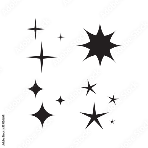 set of stars Sparkles sign symbols. Flat design of decoration elements. Black and white background.