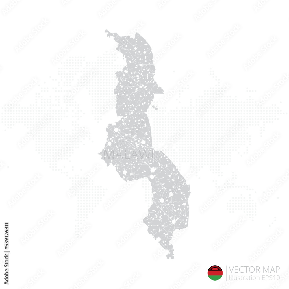 Malawi grey map isolated on white background with abstract mesh line and point scales. Vector illustration eps 10