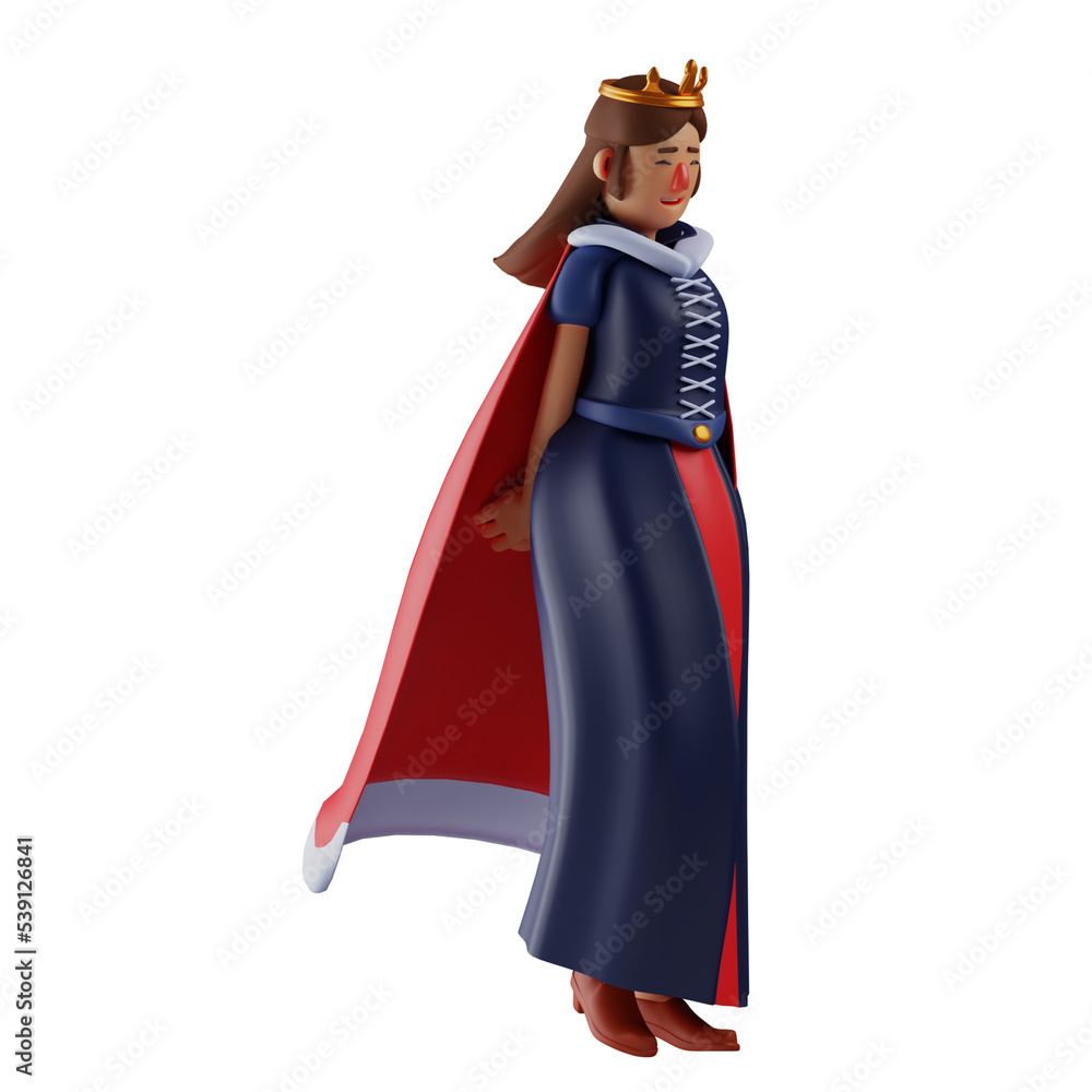 3D illustration. 3D cartoon Queen showing a pretty smile. wearing a pretty dress. with a cute graceful pose. 3D Cartoon Character