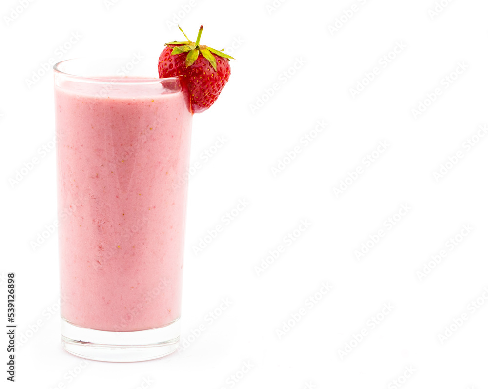 Strawberry smoothie with fresh strawberry isolated on white background with place for the text Strawberry smoothie with fresh strawberry isolated on white background with place for the text