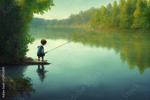 Canvas Print a little, young boy with a fishing rod at the lake