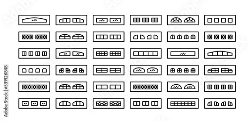 Garage windows. Modern and vintage window frames for garage door, home storage, workshop. Exterior architecture elements. Line icon set. Editable stroke.