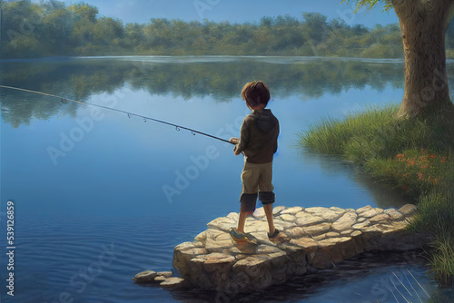 Fotobehang boy waiting with a fishing rod, riverbank
