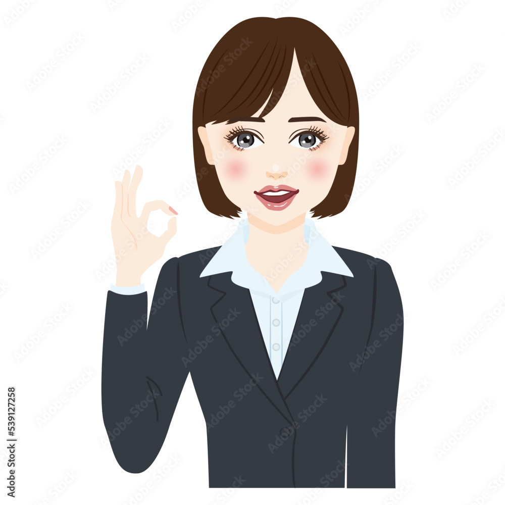 woman in gray suit with short hair make a OK hand sign woman in gray suit with short hair make a OK hand sign