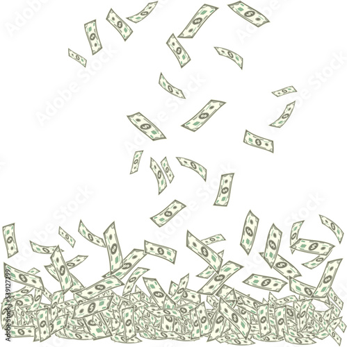 Money falling illustration. Dollar bill flowing. Rich income. Pile of Cash. Notes stockpile. Vector illustration. Transparent PNG.