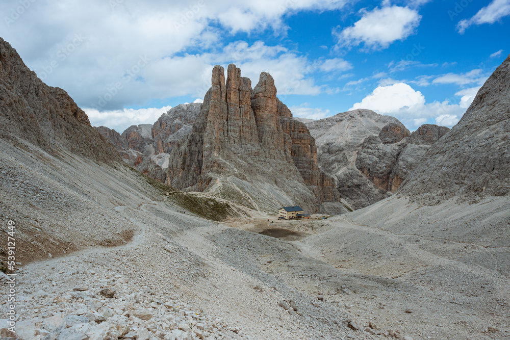 The mountains and landscape of the Dolomites near the Vajolet Towers and the Re alberto refuge, near the town of Vigo di Fassa, Italy - August 2022.