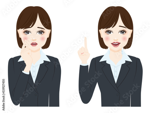 woman in gray suit with short hair before after illustration set