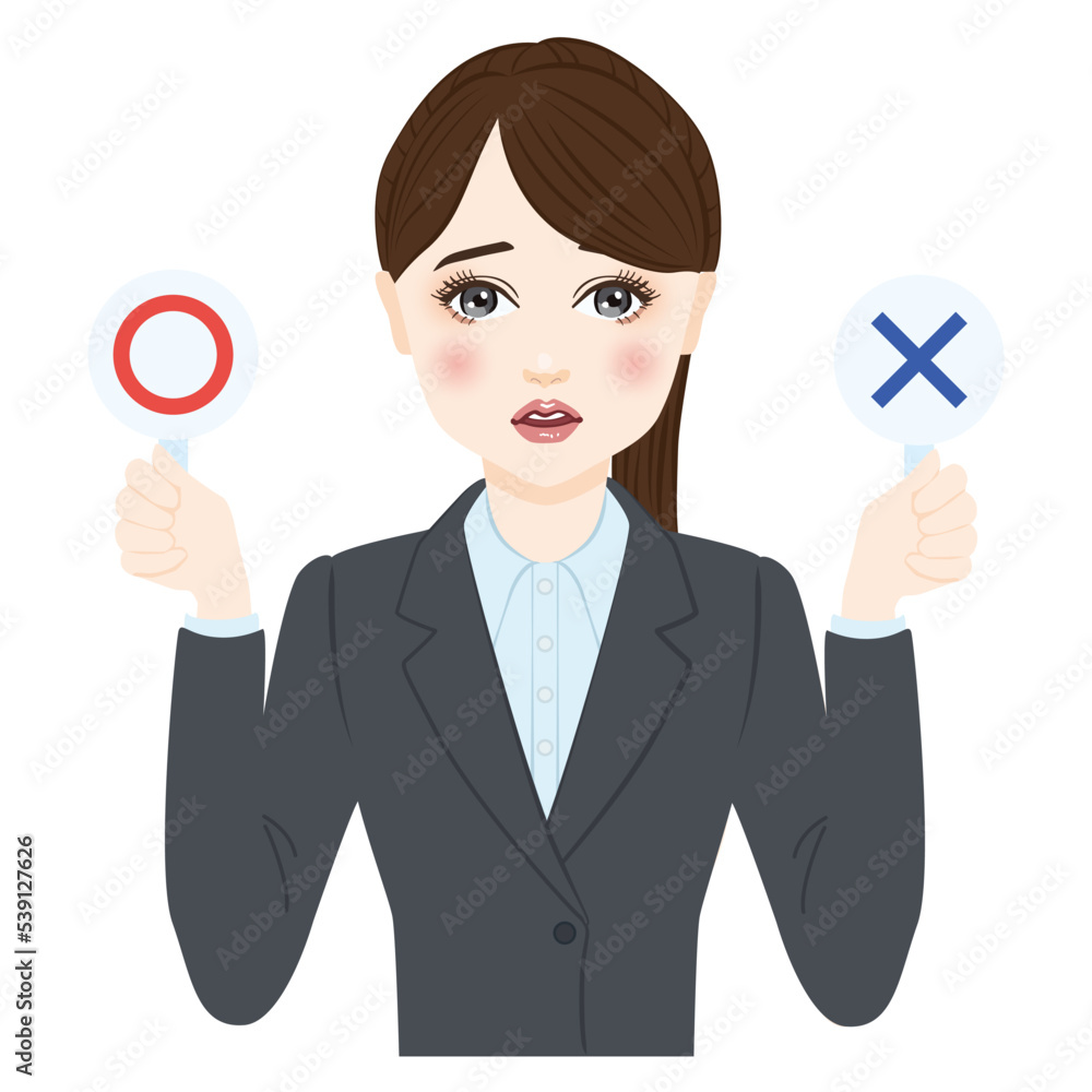 woman in gray suit with ponytale put up circle or cross bills