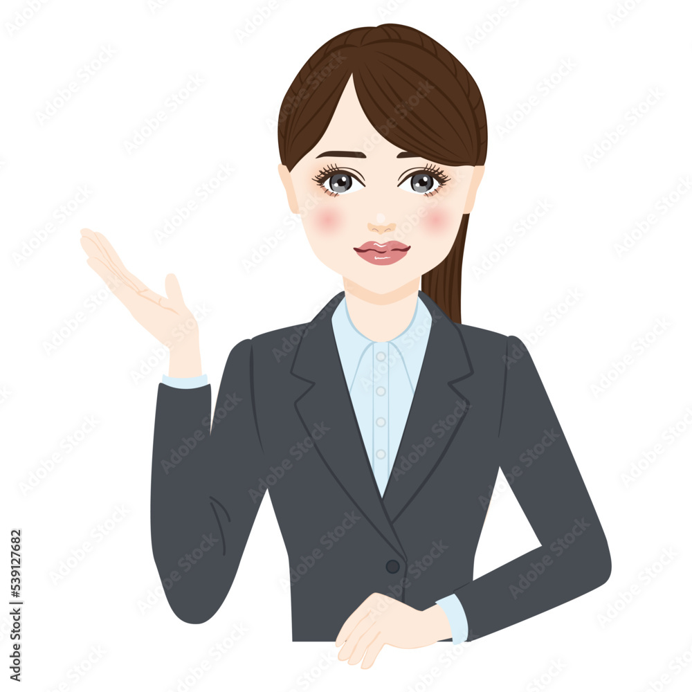 woman in gray suit with ponytale is guiding woman in gray suit with ponytale is guiding