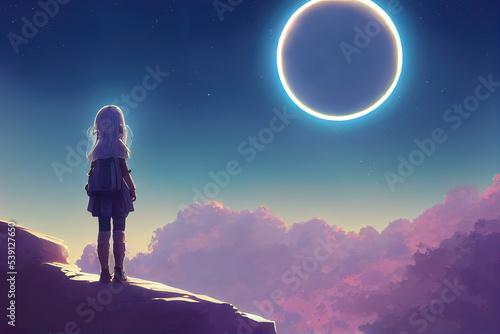 standing girl on a fantasy planet with pink clouds, concept art