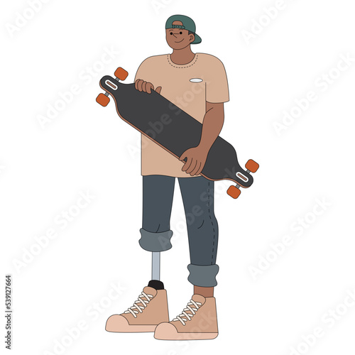 Amputated leg man with skateboard vector illustration in line filled design