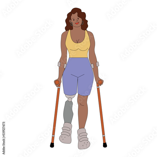 Amputated leg woman with crutches vector illustration in line filled design