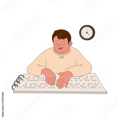 Blind boy reading braille vector illustration in line filled design