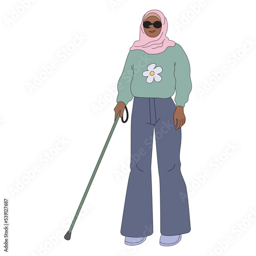 Blind muslim woman vector illustration in line filled design