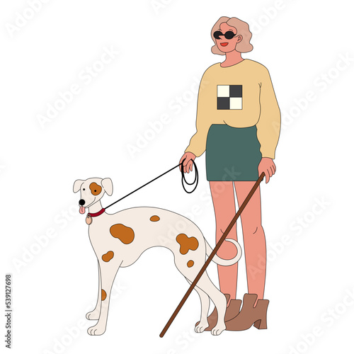 Blind woman with dog vector illustration in line filled design