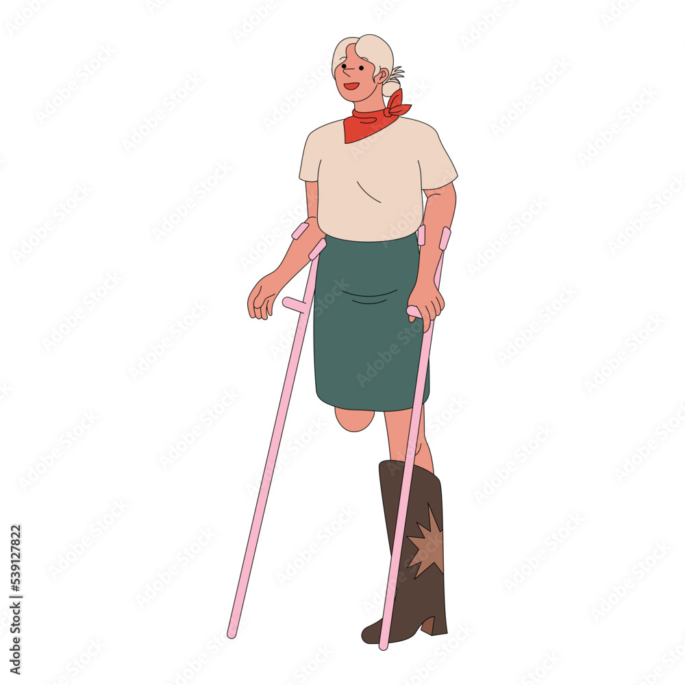 One-legged woman with stride crutchs vector illustration in line filled design One-legged woman with stride crutchs vector illustration in line filled design