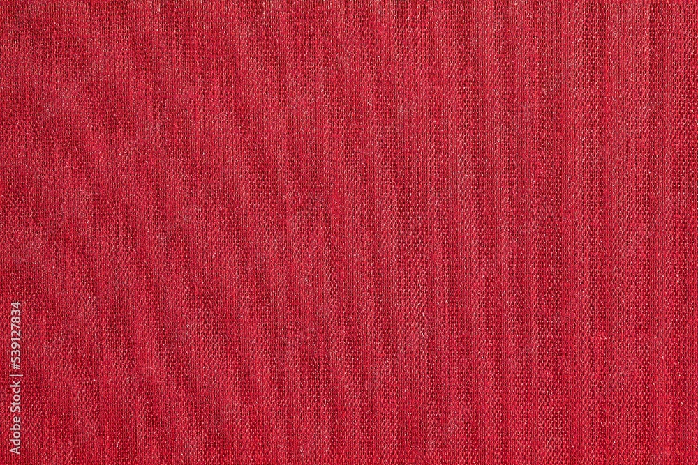 Fototapeta premium Abstract design background of lattice cell red vine cotton coarse-grained intersection texture of rough fabric with an interlacing. Linen sack textile canvas burlap cloth. Close-up, mock up, top view