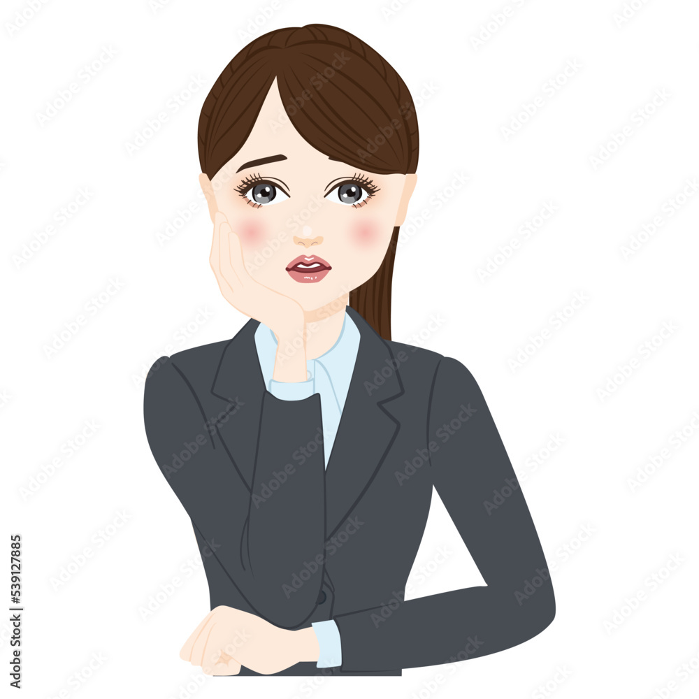 woman in gray suit with ponytale is worried woman in gray suit with ponytale is worried
