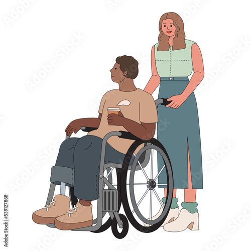 Woman pushing disabled man vector illustration in line filled design