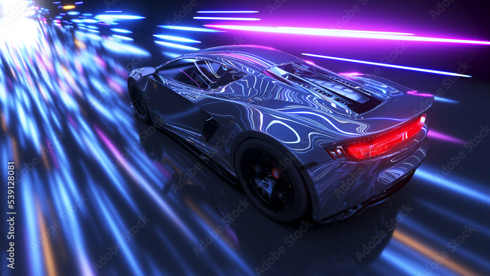 3d rendered illustration of a generic race car in a tunnel with lights flying by 3d rendered illustration of a generic race car in a tunnel with lights flying by