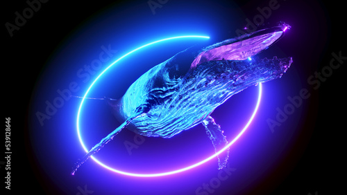 3d rendered illustration of a whale with a ring of neon light
