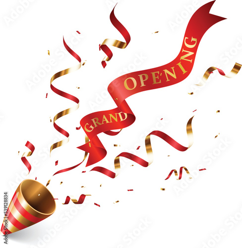 Grand opening design with gold and red ribbon with confetti