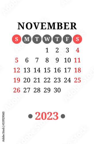 November calendar design 2023 year. English vector wall or pocket calender template. Week starts on Sunday