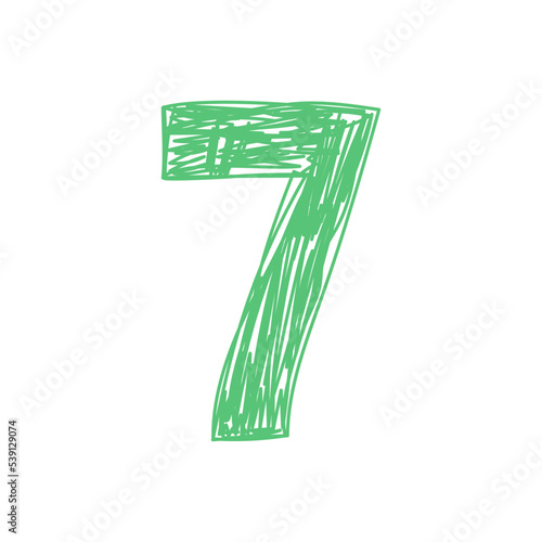 Number 7. Hand drawn line sketch digit. Children's drawing