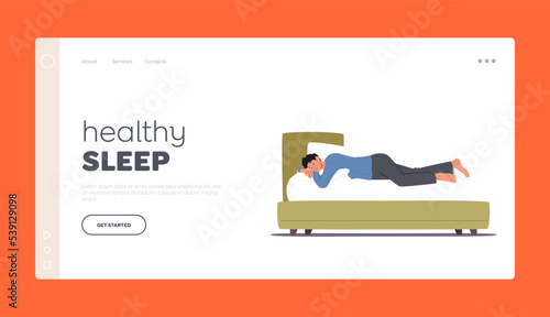 Healthy Sleep Landing Page Template. Dreamy Male Character Sleeping In Relaxed Pose Lying On Bed And Hugging Pillow