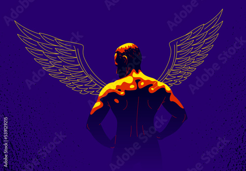Winged angel with muscular strong body back view vector illustration, guardian angel concept, the power of good, strength of good.