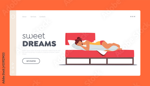 Sweet Night Dreams Landing Page Template. Young Woman Wear Pajama Sleep or Nap on Belly, Female Character Sleeping Pose