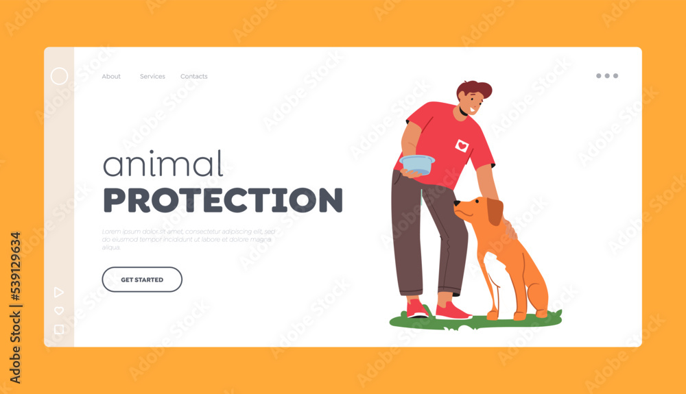 Animal Protection Landing Page Template. Friendly Volunteer Feeding Dog on Street, Shelter Or Pound Vector Illustration