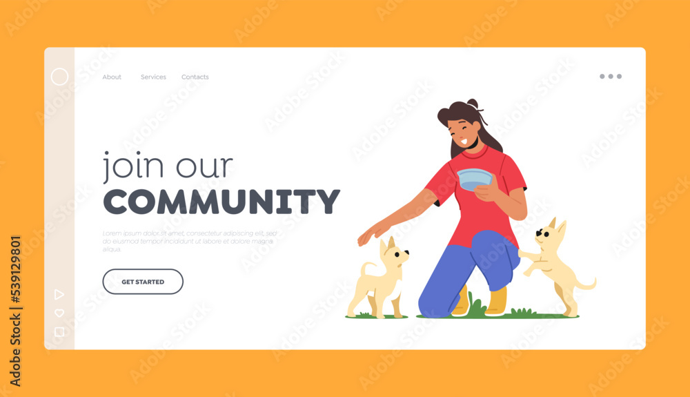 Volunteer Community Landing Page Template. Happy Girl Holding Bowl with Food for Pets. Female Character Feeding Dogs
