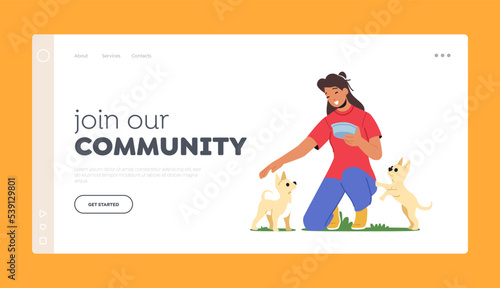 Volunteer Community Landing Page Template. Happy Girl Holding Bowl with Food for Pets. Female Character Feeding Dogs