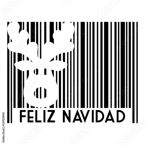 Logo con texto Feliz Navidad en español con código de barras con líneas con silueta de cabeza de reno Rudolph en espacio negativo