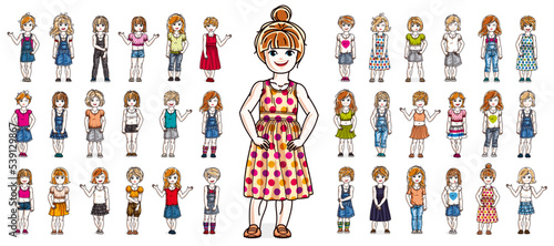 Little girls children happy and cute standing in full body length isolated over white vector illustrations big set, beautiful little kids girls diversity big collection of characters drawings.