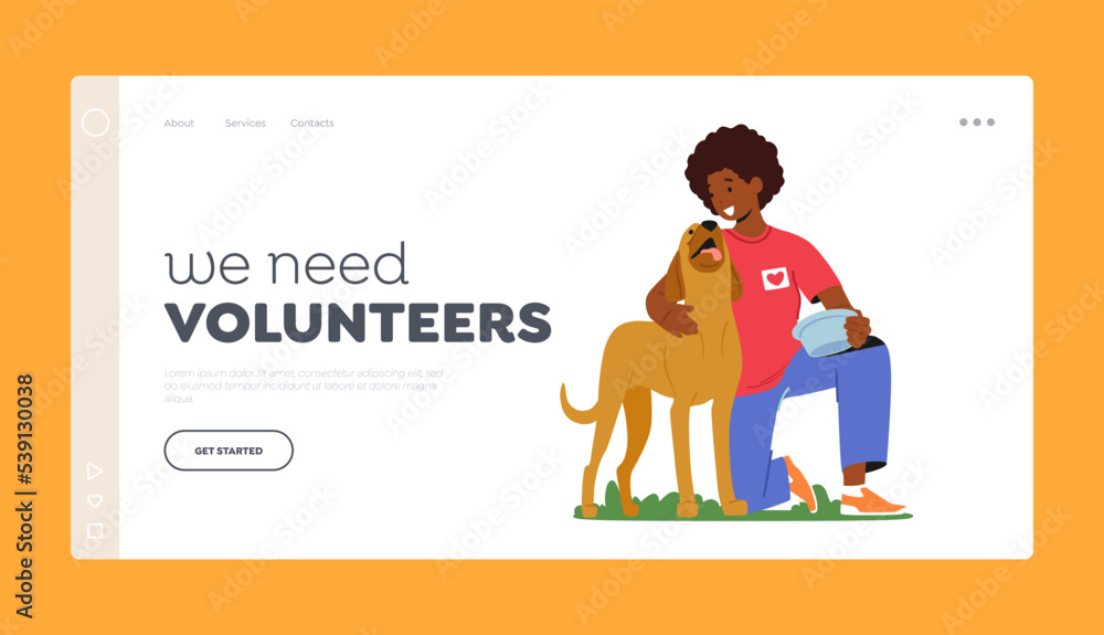 Volunteer Landing Page Template. Friendly Character Feeding Dog in Animal Shelter or Pound. Woman Giving Food to Puppy Volunteer Landing Page Template. Friendly Character Feeding Dog in Animal Shelter or Pound. Woman Giving Food to Puppy