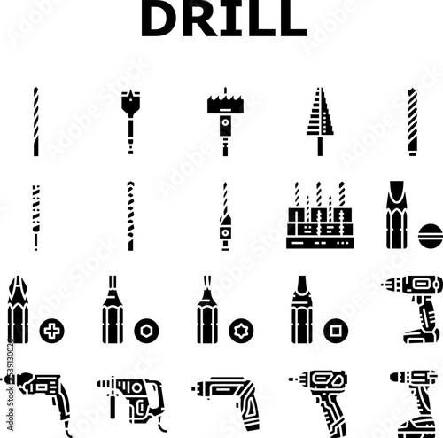 drill equipment construction icons set vector. machine power, industry work, industrial tool, drilling electric technology, repair drill equipment construction glyph pictogram Illustrations