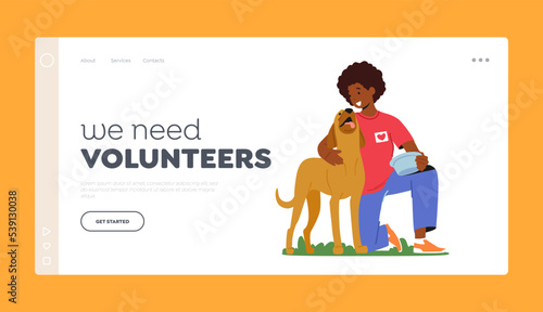 Volunteer Landing Page Template. Friendly Character Feeding Dog in Animal Shelter or Pound. Woman Giving Food to Puppy