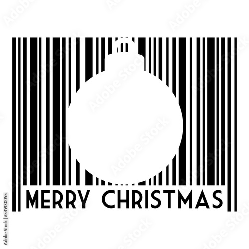 Logo con texto Merry Christmas con código de barras con líneas con silueta de bola de navidad en espacio negativo