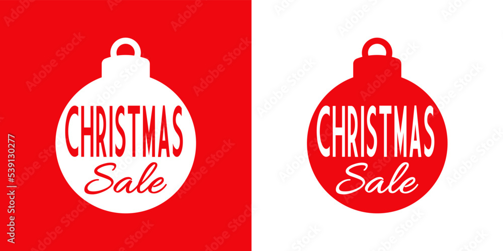 Logo con silueta de bola de navidad con líneas con texto manuscrito Christmas Sale en fondo rojo y fondo blanco