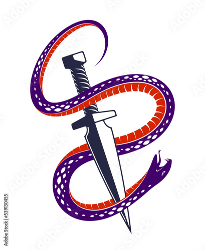 Dagger kills a Snake, defeated Serpent wraps around a sword vector vintage tattoo, Life is a Fight concept, allegorical logo or emblem of ancient symbol.