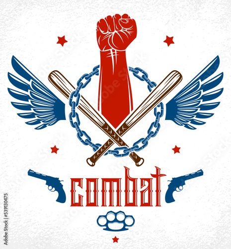 Anarchy and Chaos aggressive emblem or logo with strong clenched fist, weapons and different design elements , vector vintage style tattoo, rebel rioter partisan and revolutionary.