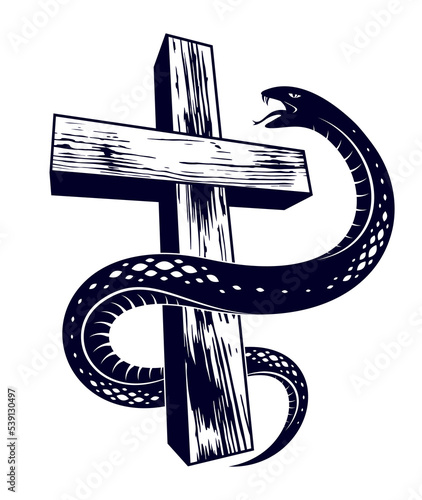 Serpent on a Cross vintage tattoo, snake wraps around Christian cross, God and Devil allegory, the struggle between good and evil, symbolic vector illustration logo or emblem.