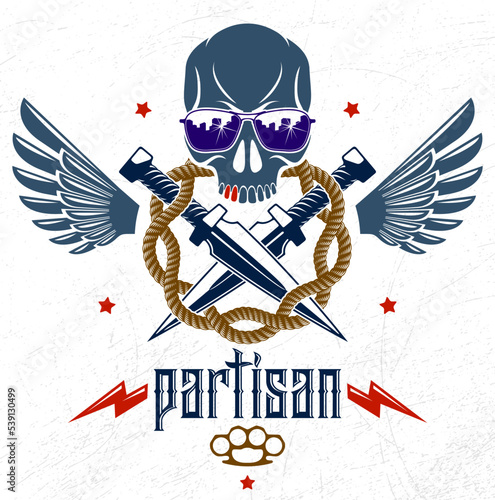 Revolution and Riot aggressive emblem or logo with aggressive skull, weapons and different design elements , vector tattoo, anarchy and chaos, rebel partisan and revolutionary.