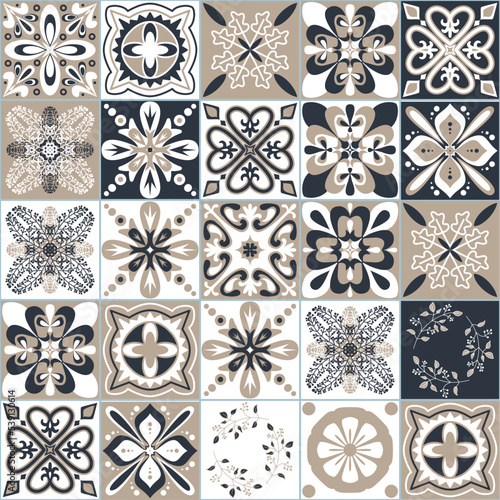 Black beige white seamless pattern for ceramic tiles in Moroccan Arabic style, vector illustration for interior decoration