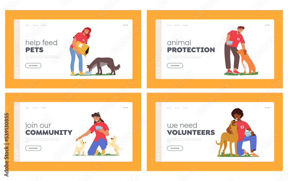 Volunteers Landing Page Template Set. Friendly Characters Feeding Dogs, Work in Animal Shelter or Pound, Volunteering Volunteers Landing Page Template Set. Friendly Characters Feeding Dogs, Work in Animal Shelter or Pound, Volunteering